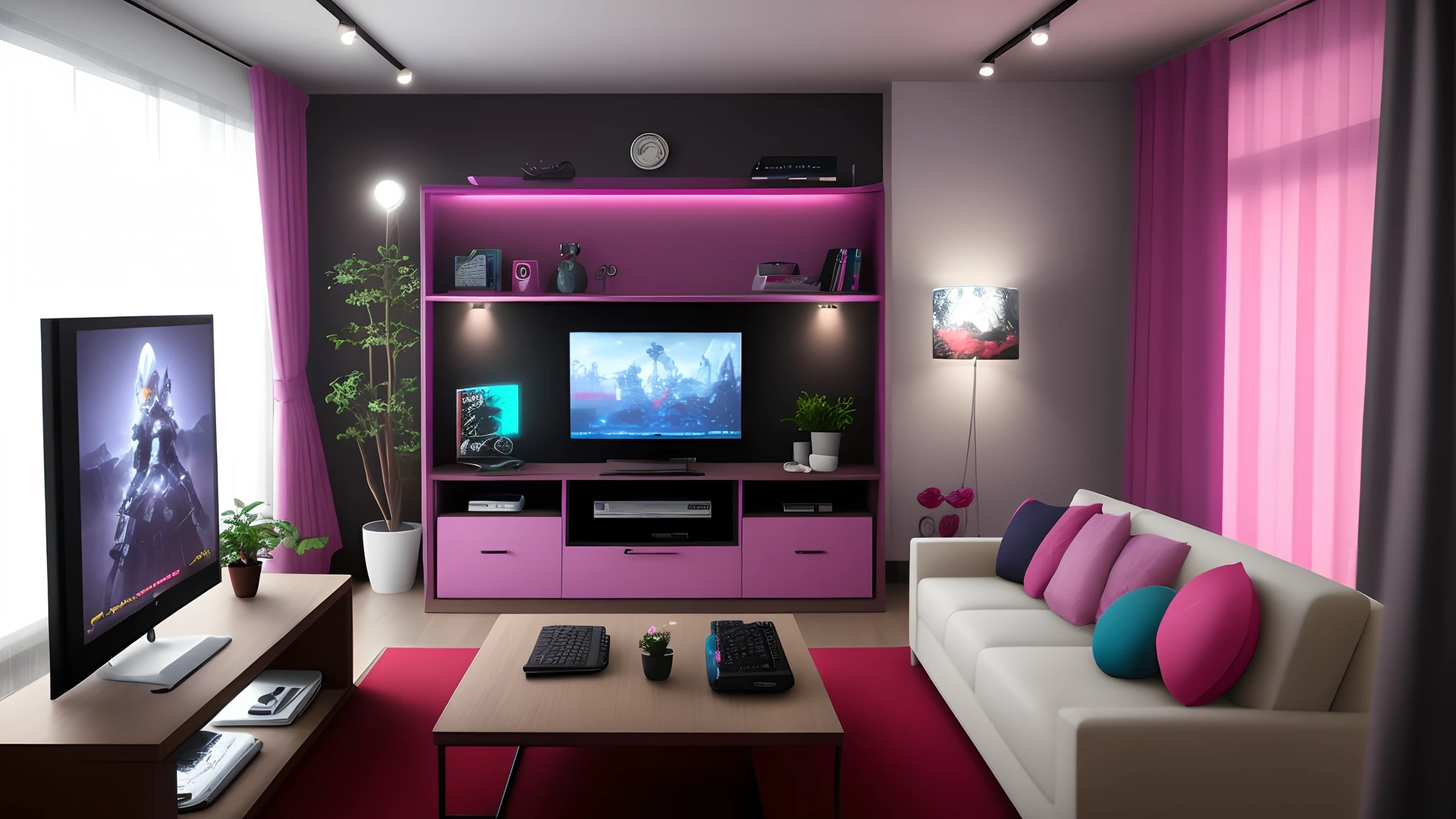 Quarto gamer, feminino, luzes rosas, Futuristic furniture, setup detalhada, janela com vista, painel de led,