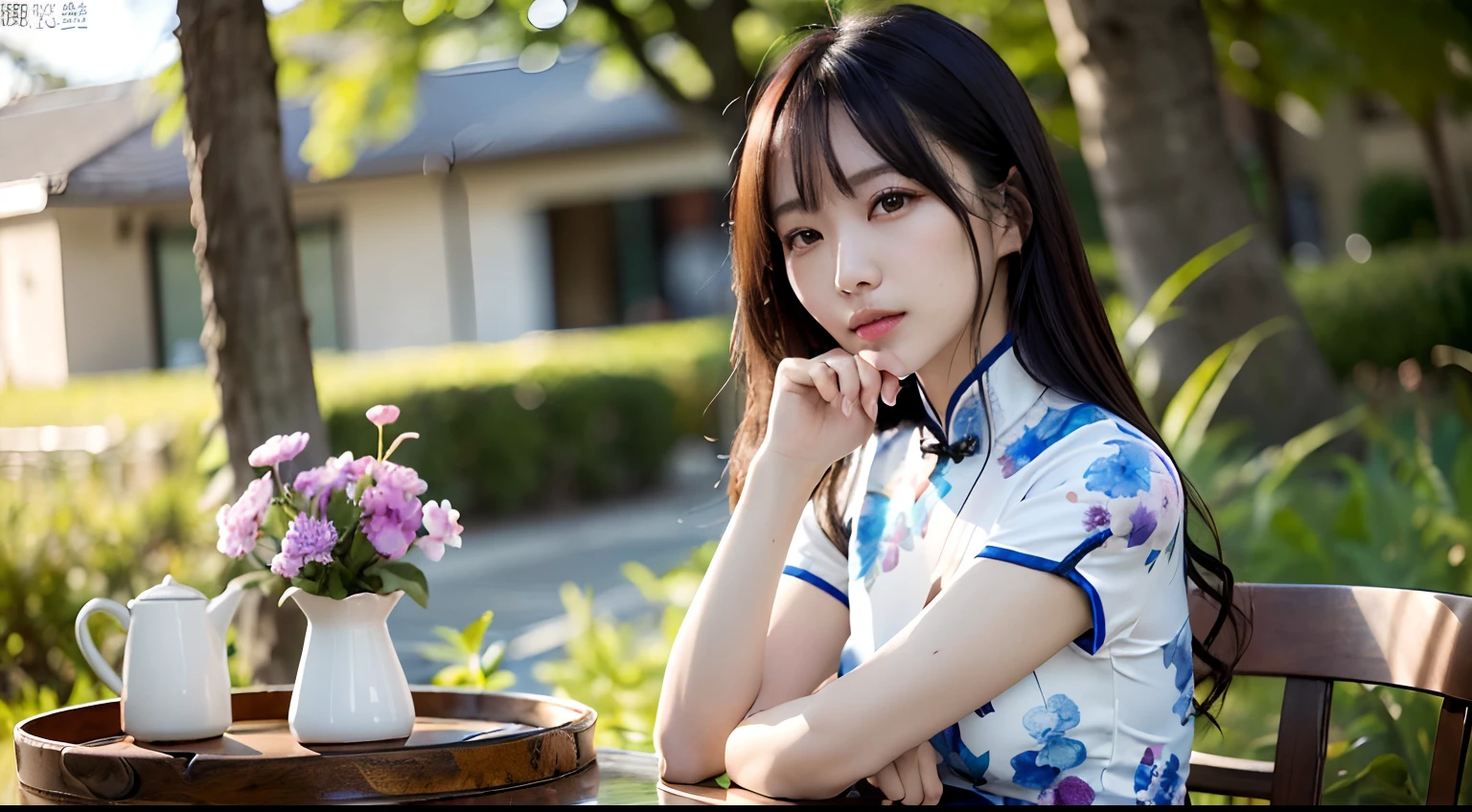 1人、Women around 26 years old、garments(qipao dress)、A dark-haired、a picture、realisticlying、top-quality、adopt、A detailed face、Sparrow villain、sit on the table、细致背景、diffuse sunlight、depth of fields、