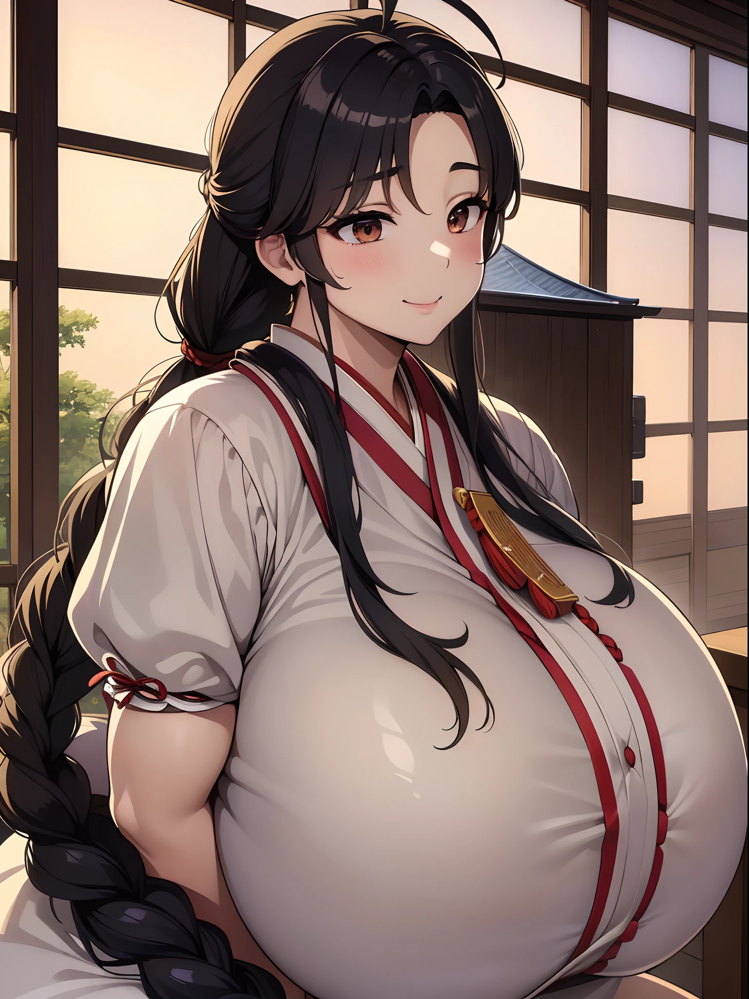 (8K、top-quality、​masterpiece)、Taisho Era、japanese kimono、Beautiful adult woman、Graceful,((Super huge　Colossal　Colossal　massive chest)),Pensive、boredom、Sentimental、suffocating、Enlightened smile、long-haired with black hair、Ahoge、braid ponytail、musculature、Muscular beauty、Muscle Beauty、