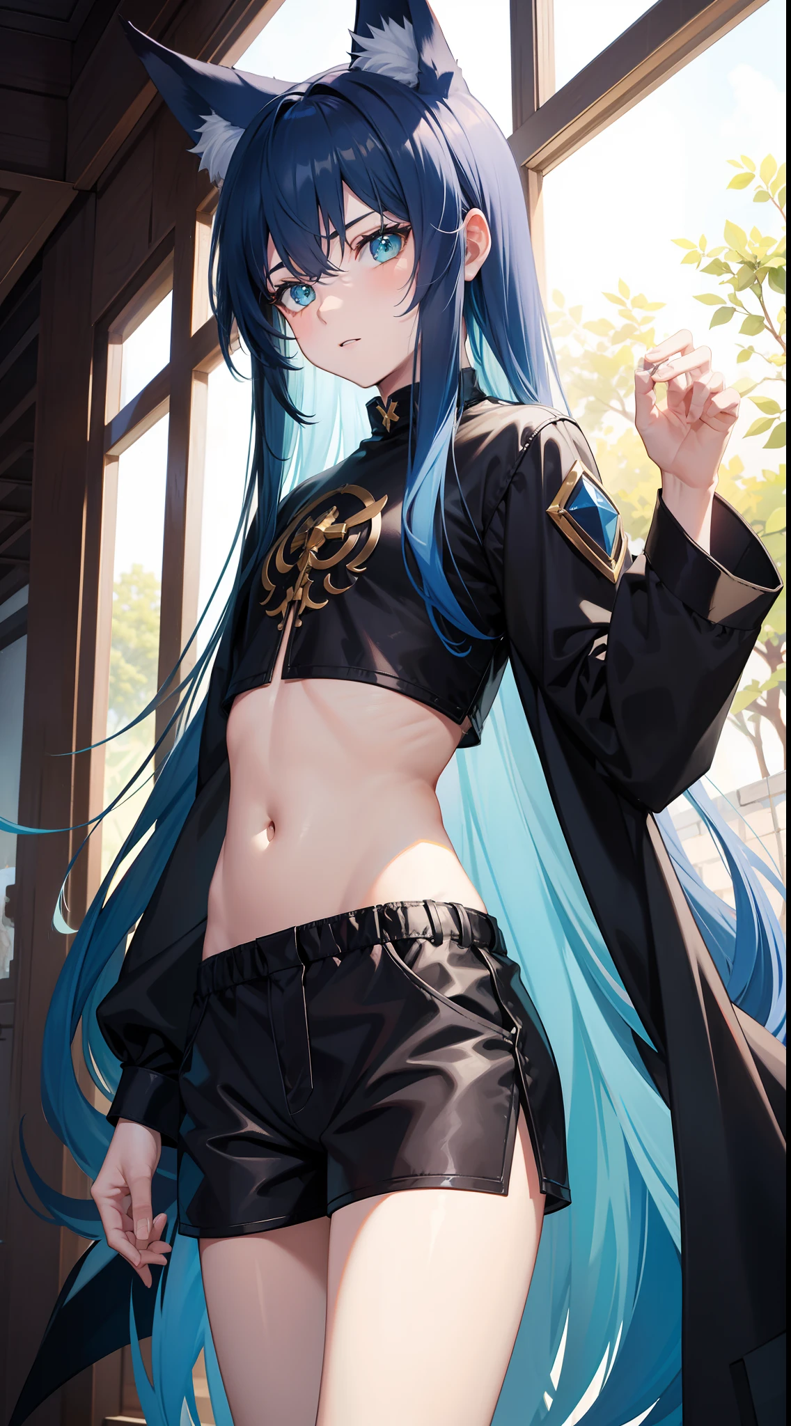 young boy, long blue hair, Fox ears, Green eyes, black skintight clothes, Shorts, open belly, Masterpiece, hiquality