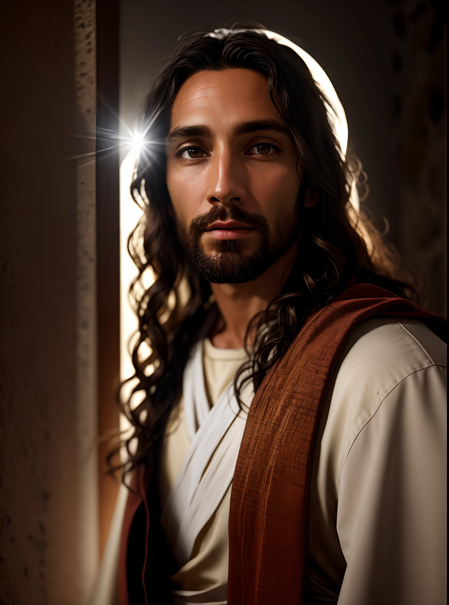 add_detail:1, realistic image of Jesus Christ, add_detail:light and distant light from heaven above the head