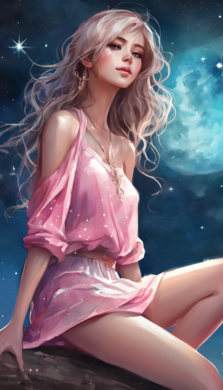 ((from below)), ((knee shot)), ((cross legged)), ((realistic)), Beautiful young girl, Sexy goddess, slender leg, cold light, the night, starrysky, (The shirt, One shoulder, pleatedskirt), (in pink, cyan colors, white colors), Detailed scenes, Beautiful digital illustration, the detail,Hyper-detailed, (best qualtiy,tmasterpiece)