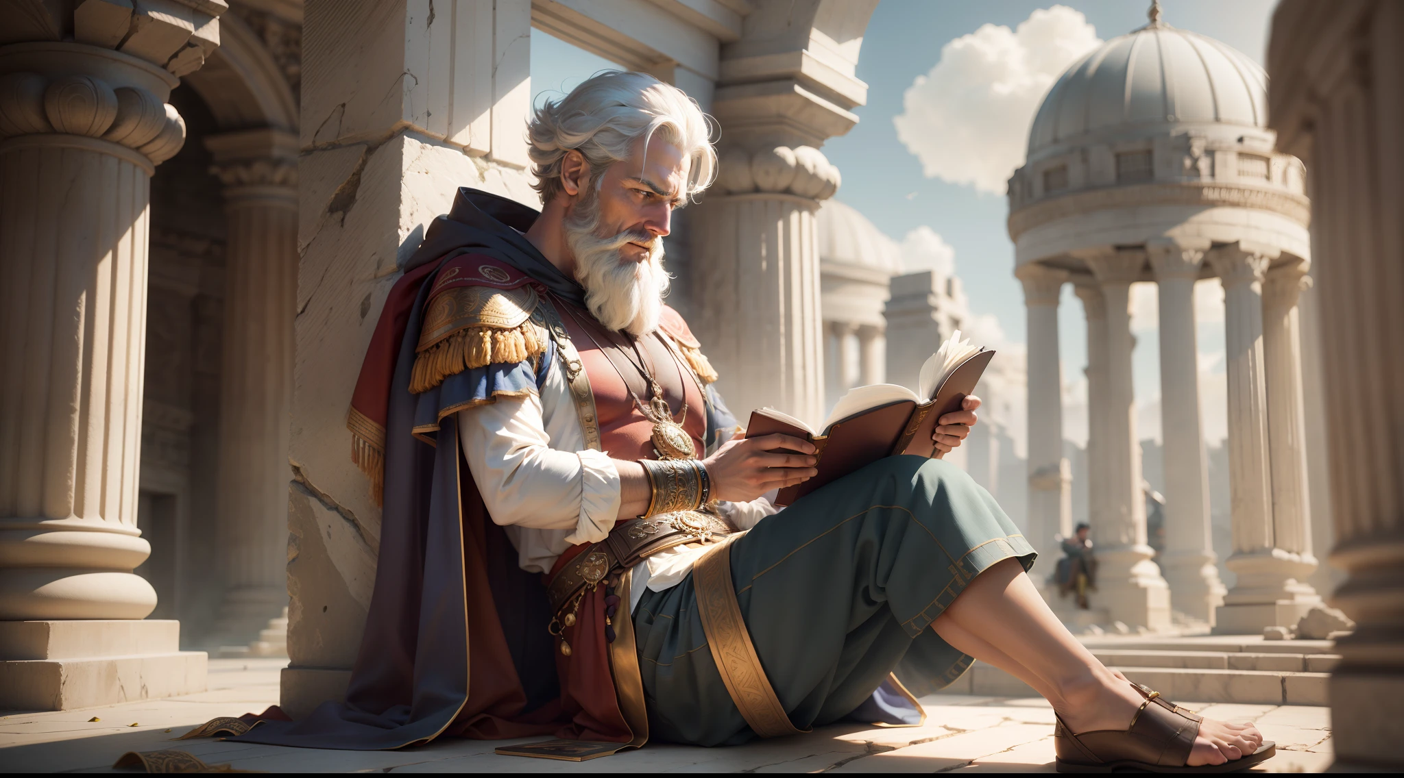 there is a mansitting on a ledge reading a book, by Mike Winkelmann, by Alexander Kucharsky, ancient greek man greek clothes, by Dietmar Damerau, matte painting portrait shot, by John La Gatta, inspired by Mike Winkelmann, at an ancient city, 3 d render and matte painting, trampling an ancient city, realistic fantasy render