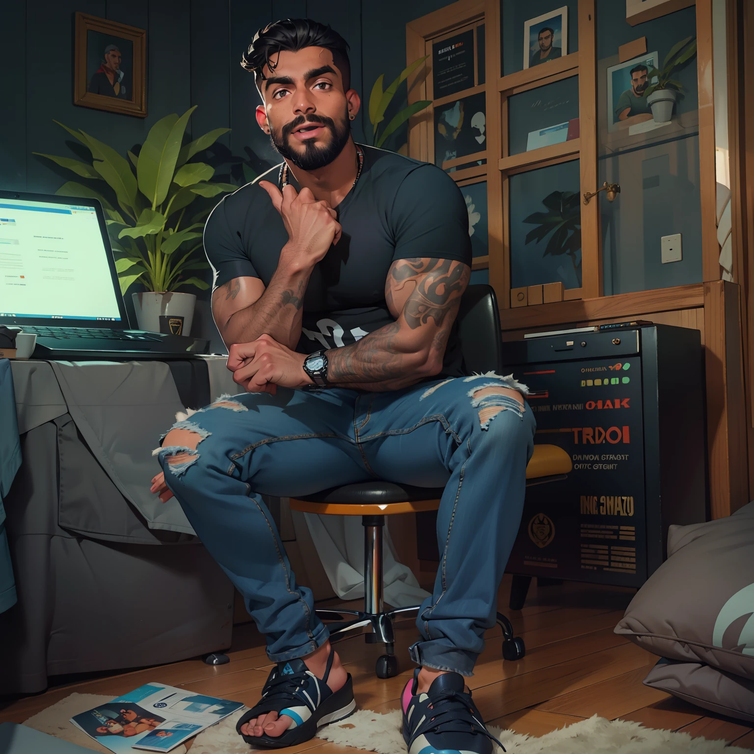8k , (((melhor qualidade))) Um rapaz de 26 anos, latino , pele morena , cabelo bem curto e rente , olhos expressivos , sobrancelha grossa, barba muito curta , bigode , pequenos brincos argola praticados, camiseta regata preta, Denim Jeans Pants, sapato preto, Athletic and parrudo body, peito grande, sentado em frete a um laptop preto, em um quarto gamer, feliz