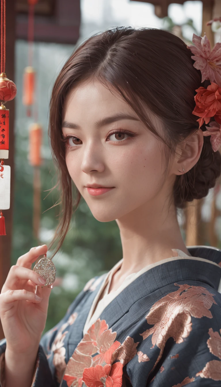((Yukata)),eye glass，innocent smiles，ancient city，veranda，wind chime，(1girl in, Solo:1.6),(Best Impact:1.5), (maximalism:1.7),Vivid contrast, (Realistic), hyperrealistic illustrations, hight resolution, ultra-detailliert, absurderes,(Fractal Art:1.3)、Random hairstyle、Random hair color colorful、Iridescent eyes、FULL BODYSHOT、Retro、Precise focus、randome pose、cinema4d、Drama