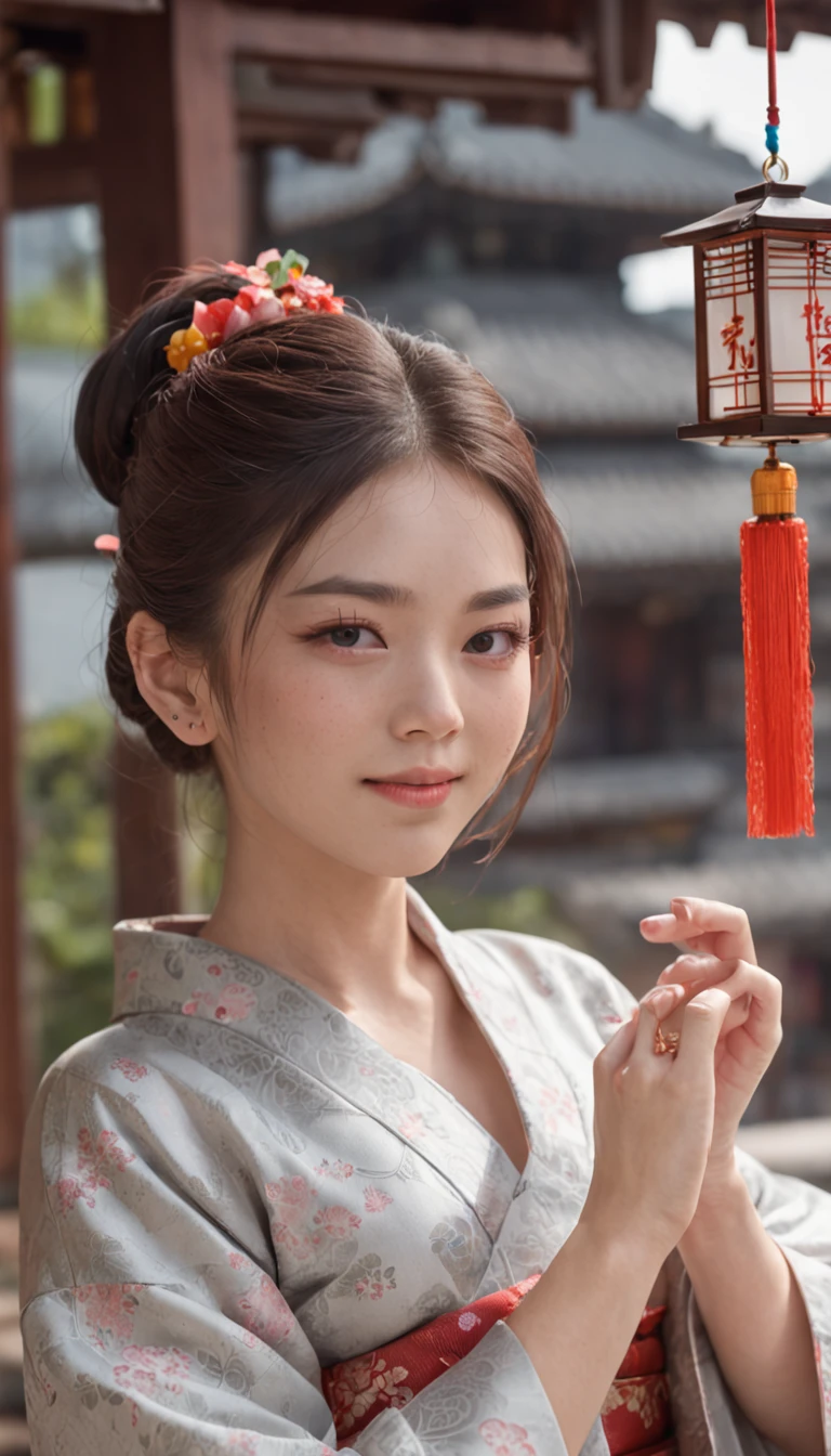 ((Yukata)),eye glass，innocent smiles，ancient city，veranda，wind chime，(1girl in, Solo:1.6),(Best Impact:1.5), (maximalism:1.7),Vivid contrast, (Realistic), hyperrealistic illustrations, hight resolution, ultra-detailliert, absurderes,(Fractal Art:1.3)、Random hairstyle、Random hair color colorful、Iridescent eyes、FULL BODYSHOT、Retro、Precise focus、randome pose、cinema4d、Drama