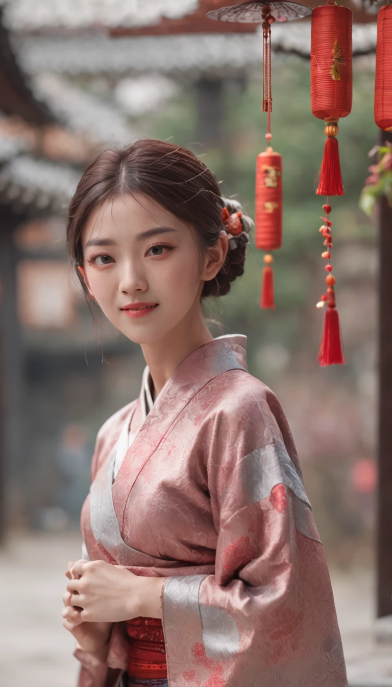 ((Yukata)),eye glass,innocent smiles,ancient city,veranda,wind chime,(1girl in, Solo:1.6),(Best Impact:1.5), (maximalism:1.7),Vivid contrast, (Realistic), hyperrealistic illustrations, hight resolution, ultra-detailliert, absurderes,(Fractal Art:1.3)、Random hairstyle、Random hair color colorful、Iridescent eyes、FULL BODYSHOT、Retro、Precise focus、randome pose、cinema4d、Drama