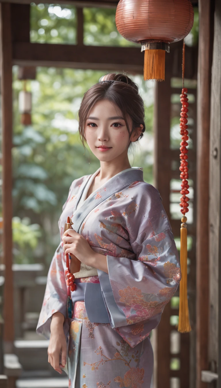 ((Yukata)),eye glass,innocent smiles,ancient city,veranda,wind chime,(1girl in, Solo:1.6),(Best Impact:1.5), (maximalism:1.7),Vivid contrast, (Realistic), hyperrealistic illustrations, hight resolution, ultra-detailliert, absurderes,(Fractal Art:1.3)、Random hairstyle、Random hair color colorful、Iridescent eyes、FULL BODYSHOT、Retro、Precise focus、randome pose、cinema4d、Drama