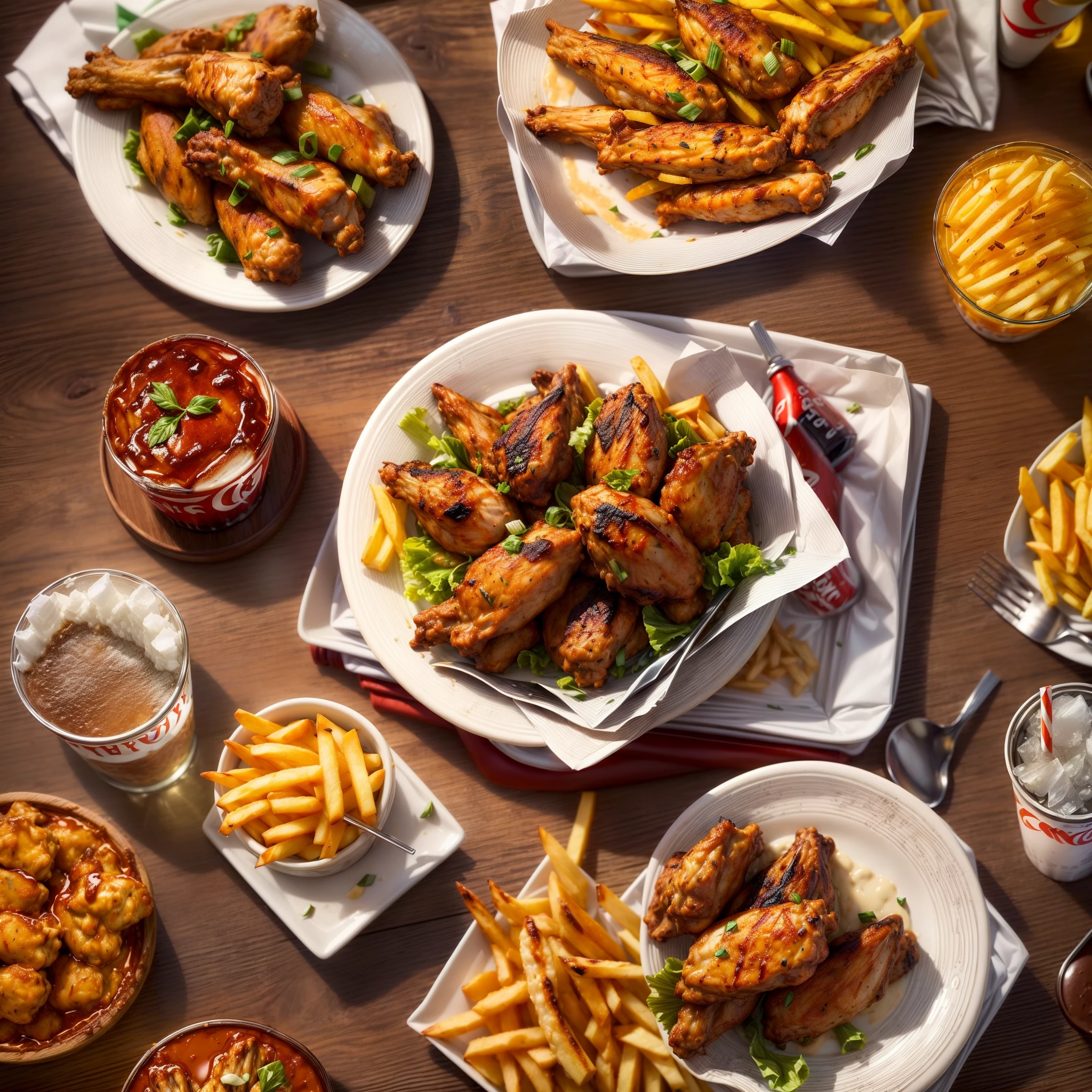 (Full Focus:1.5),(Placed on the dining table, Orleans grilled chicken wings|hamburger|Ice Coke|french fries:1.2), State seasonings, ray tracing, masterpiece, super detail, high details, high quality, best quality, highres