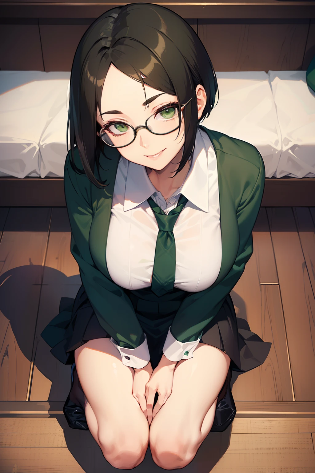 Green gym clothes style leotard、tights、Braids、eye glass、A dark-haired、Sex Worker、hi-school girl、Nasty smile、lie down with your legs open、a bed、Nipple emphasis、crotch accentuation、Full body like、Ballet Shoes、Open your mouth