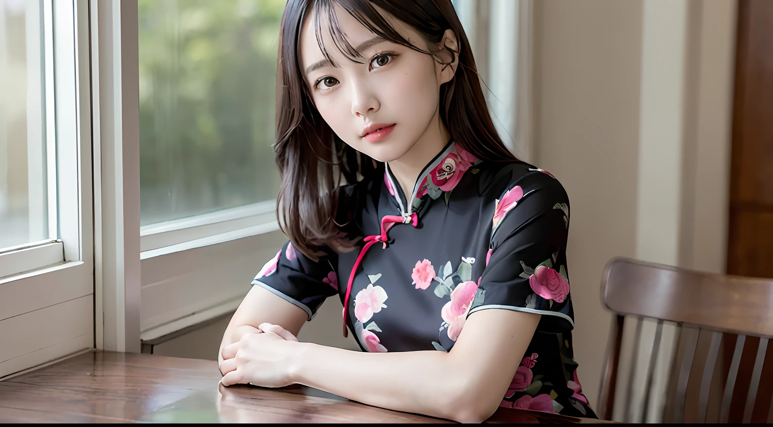 女の子1人、Women around 26 years old、garments(qipao dress)、A dark-haired、a picture、realisticlying、top-quality、adopt、A detailed face、Sparrow villain、sit on the table、细致背景、diffuse sunlight、depth of fields、