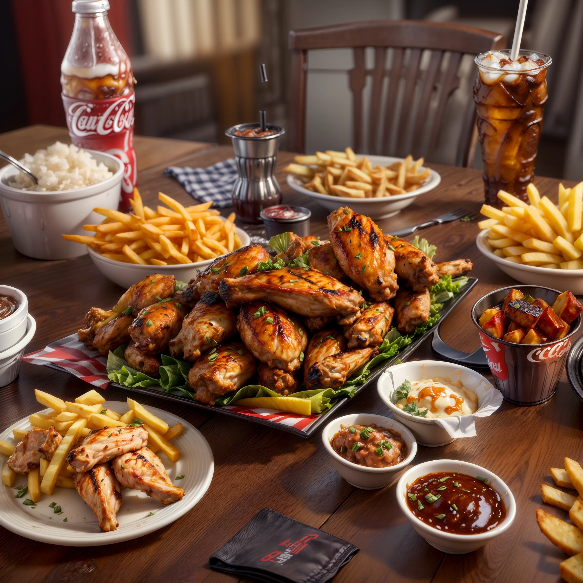 (Full Focus:1.5),(Placed on the dining table, Orleans grilled chicken wings|hamburger|Ice Coke|french fries:1.2), State seasonings, ray tracing, masterpiece, super detail, high details, high quality, best quality, highres