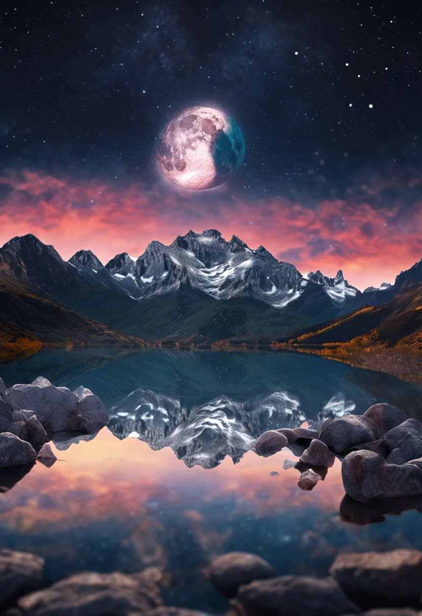 Very starry night. A giant moon behind the mountains. A tranquil lake reflecting the night. Realistic scene, detailed, photorealism, 8k