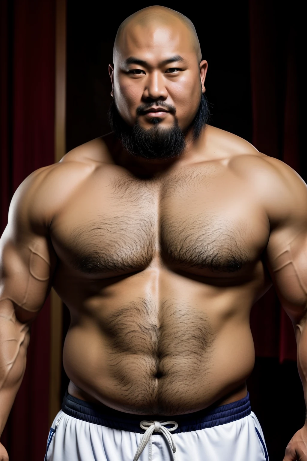 A Mongolian man poses for a group photo wearing sports shorts, mongol,bald-headed,Thick body hair,mid-shot of a hunky, Strong masculine characteristics, sexy muscular body, partially male hairy torso,masculine and strong,sexy muscular upper body,Fat belly,light tan skin, robust stocky body, beefy, belly button showing, half man half asian black bear, potbelly, dad bod, half man half asian black bull,