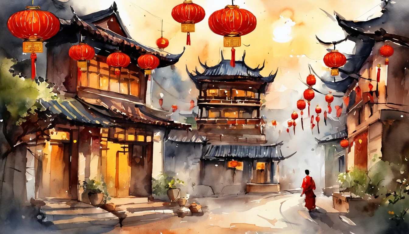 New Year,Chinese-style town,nigh sky,A Buddha statue in the center,Decorations,Chinese lanterns are hung,fire works,empty of people