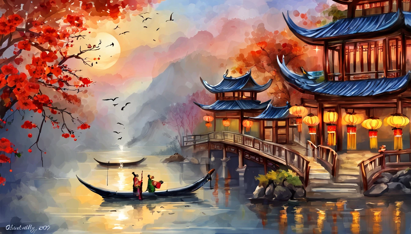 New Year,Chinese-style town,nigh sky,A Buddha statue in the center,Decorations,Chinese lanterns are hung,fire works,empty of people