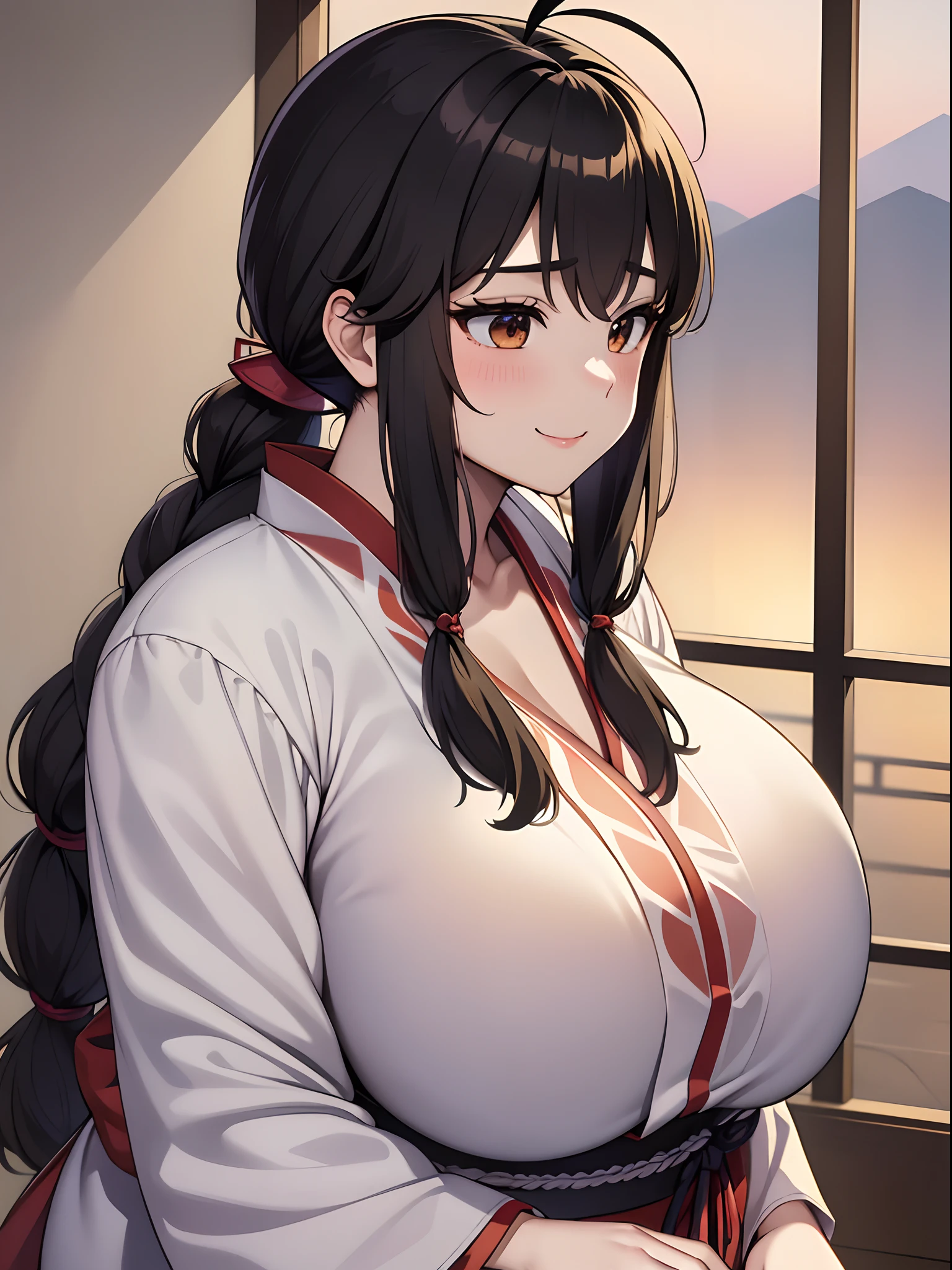 (8K、top-quality、​masterpiece)、Taisho Era、japanese kimono、Beautiful adult woman、Graceful,((Super huge　Colossal　Colossal　massive chest)),Pensive、boredom、Sentimental、suffocating、Enlightened smile、long-haired with black hair、Ahoge、braid ponytail、musculature、Muscular beauty、Muscle Beauty、
