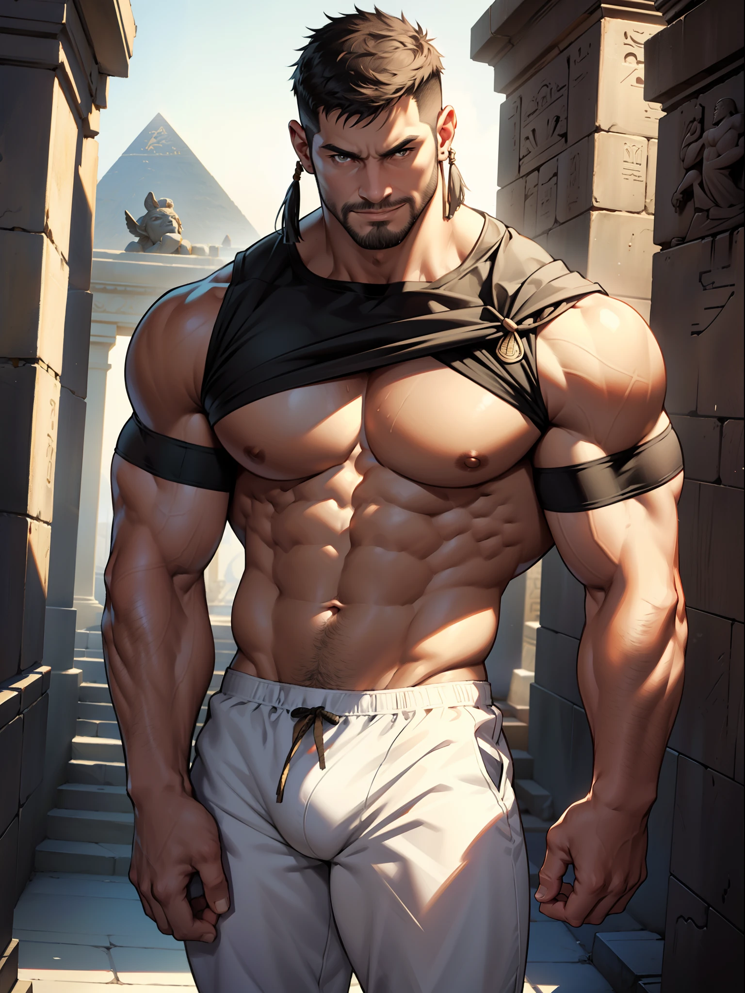 1 man, young middle-aged man, Chris Redfield, smilling face, solo, white skin, muscular, hairy body, muscle man, tall, hunk, big biceps, abs, big thighs, wide shoulder, open chest, facial hair, black short hair, ancient Egyptian clothing, exotic sensual clothing, in front of the pyramid, pyramid background, Egyptian vibe, little to no clothing, viewer looking, high resolution:1.2, best quality, upper body shot, flat style, low camera angle, volumetric lighting, depth of field, shadow, huge crotch bulge, full body, sexy clothing, see-through underwear, transparent underwear