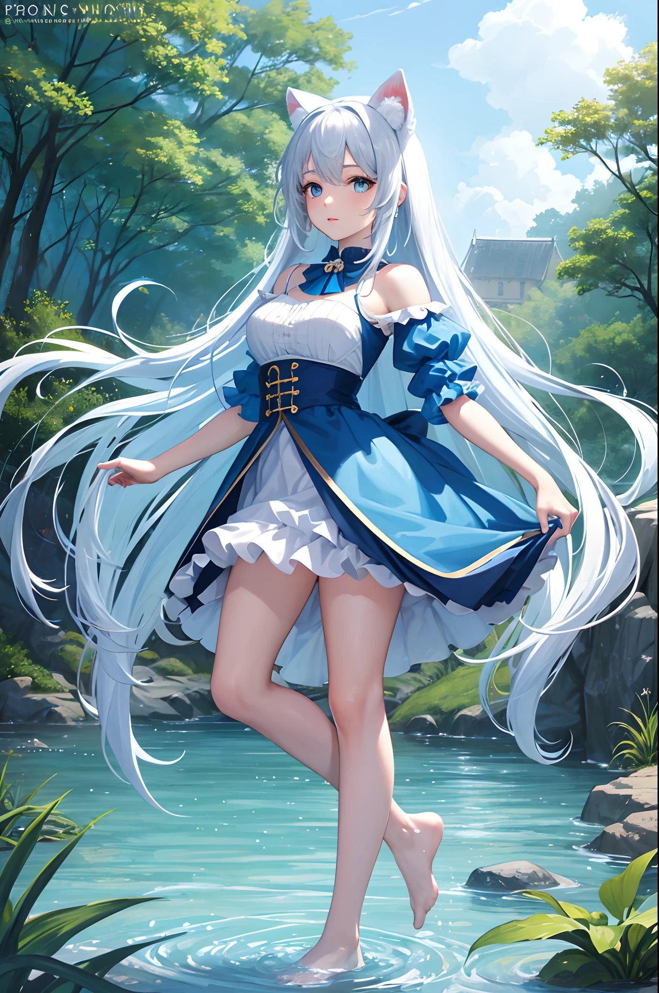 In the creek, Bank, blue-sky, baiyun, one-girl, are standing, Bent over, Wear a white tulle skirt, Bare legged, Immerse your feet in water, (long leges:1.4), Fluffy hair, white color hair, long hair, animal ears, aqua eyes, reflection light, motion blur, depth of field, panorama, UHD, masterpiece, high details, best quality