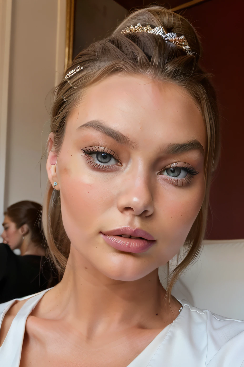 Selfie 16k photo, fashion model 24 years old, Danish queen with eyes like Gigi Hadid and hear like Margot Robbie