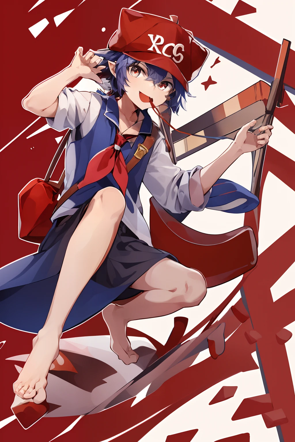 cartoon of a man with a red hat and a cookie in his mouth, he‘s wearing a red neckerchief, random artist, ((red)) baggy eyes, r /art, r / art, r/art, he has a red hat, wearing a red backwards cap, therookies, repin, very very low quality picture, wearing rr diner uniform