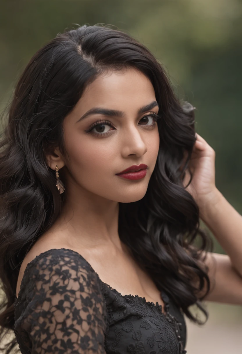 panoramic long shot of a beautiful south asian girl, dynamic pose, old classic , wavy black hair, 50s pin up style, intricate, detailed, DSLR camera , 8K UHD, deep blacks, post processing, nubian nose, protruding teeth