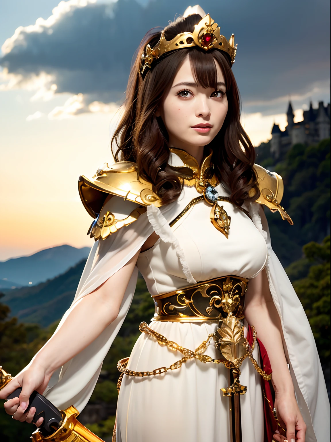 (masutepiece), Professional , masterpiece、top-quality、photos realistic , depth of fields (Gemstone Silver Metal Body:1.9),(Matte yellow、Jewel Gold Weapon、(Gorgeous castle background)、(Jewel Metal Body:1.4),Gorgeous Jewel Metal Weapons , Detailed Sword of the Brave ,( Soldier background in metal armor) ,warhammer 40k , adepta sororitas,Detail and ornate jewel crown、独奏、Brown hair、(Gangle's forest background)、Beautiful Caucasian beauty、1a person、dynamic ungle,(((Diamond tiara with detail and luxury)))、a small face、A smile、Powerful poses、(Gorgeous castle background)、huge filesize、20 year old beautiful woman、Stand in the center of the screen、Thin female fingers、Straight long hair、Beautiful Caucasian beauty、