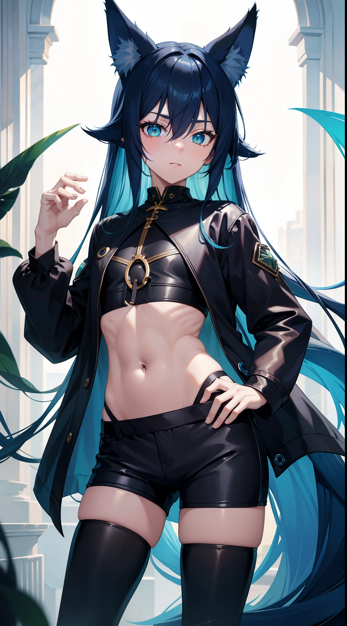 young boy, long blue hair, Fox ears, Green eyes, black skintight clothes, Shorts, open belly, Masterpiece, hiquality