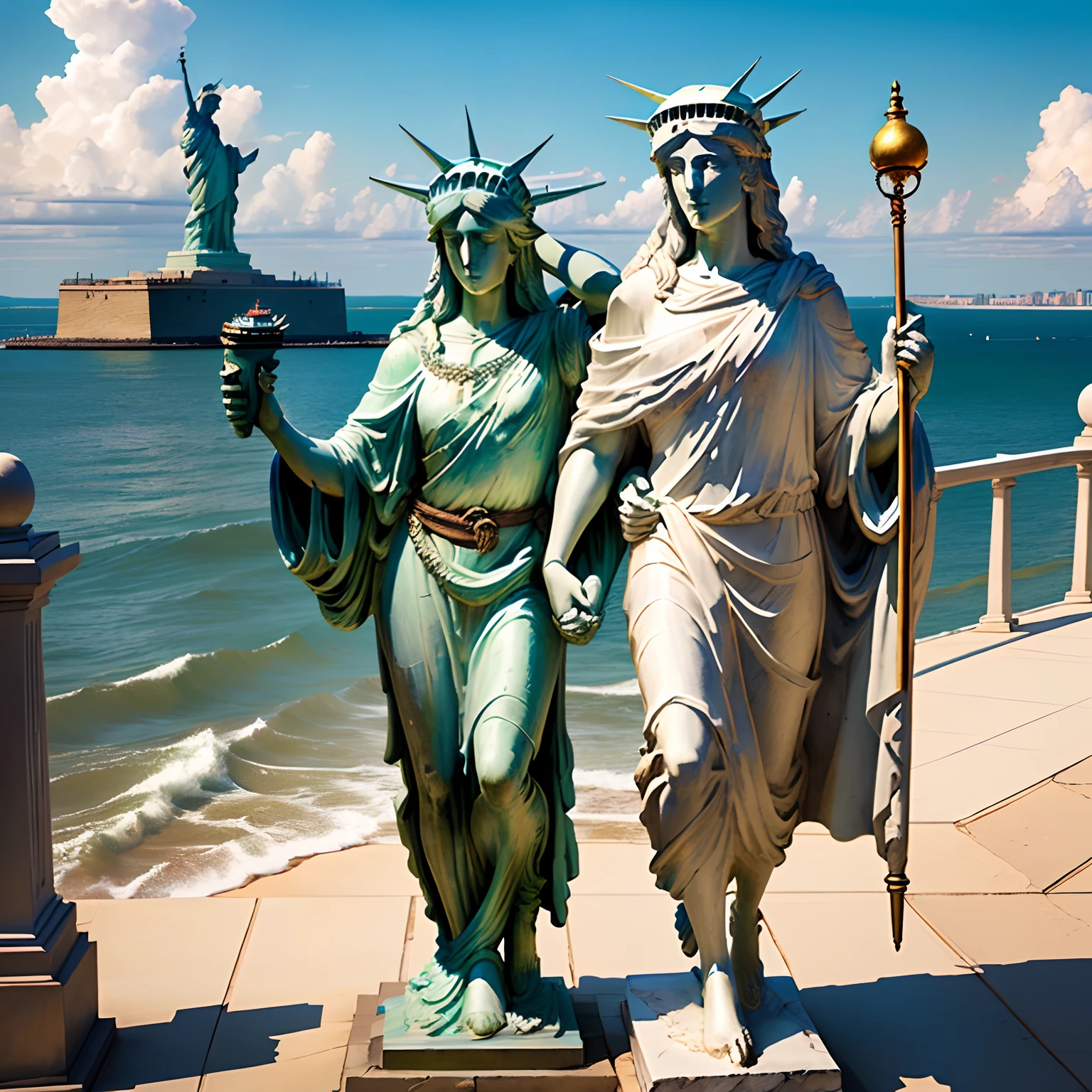 Jesus walked on the sea,Opposite is the Statue of Liberty。