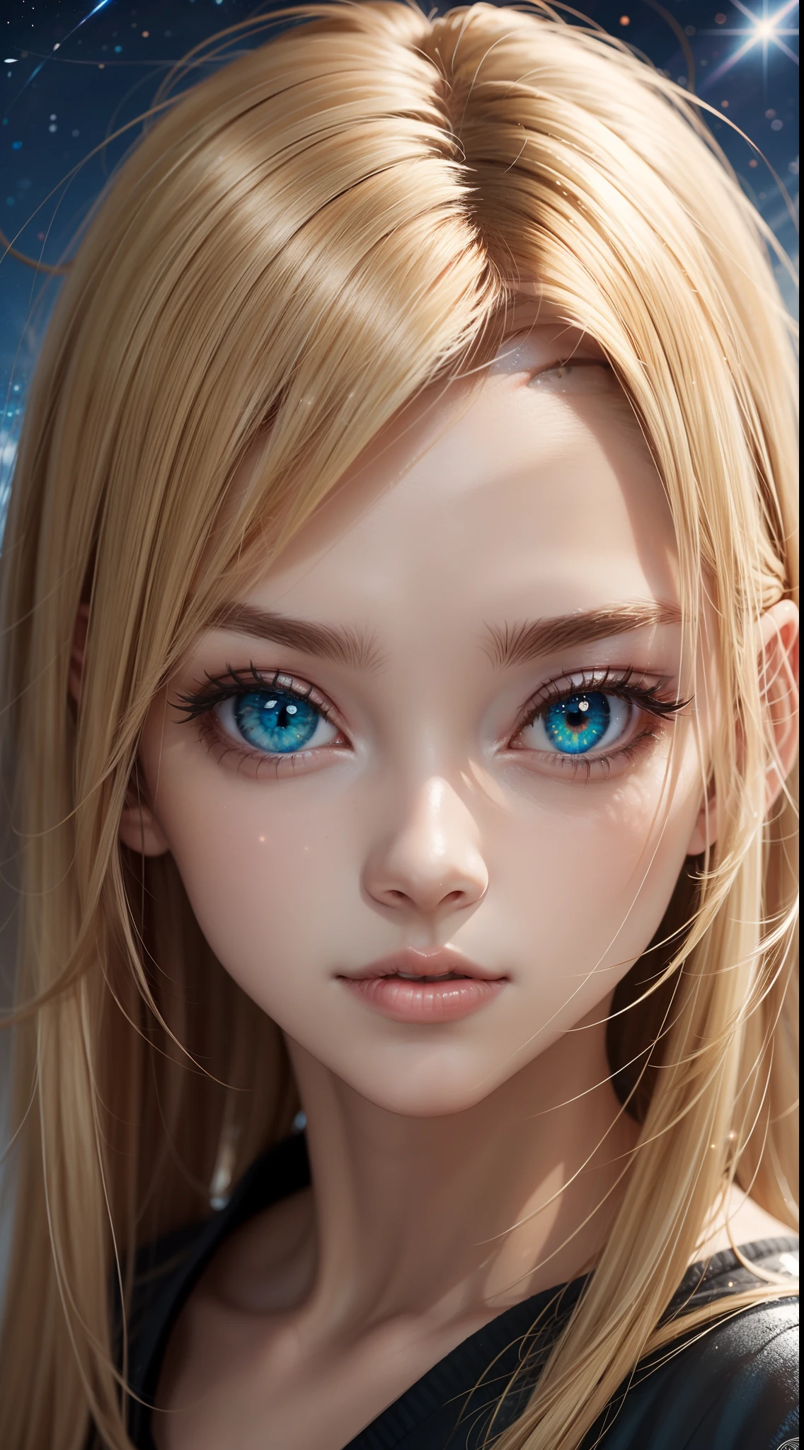 16k anime illustration quality,messy blond hair, Oversized eyes twinkle with starlight,Gradient red and blue eyes described in detail,Heterochromia,Asymmetrical face shape,The corners of the mouth are slightly upturned