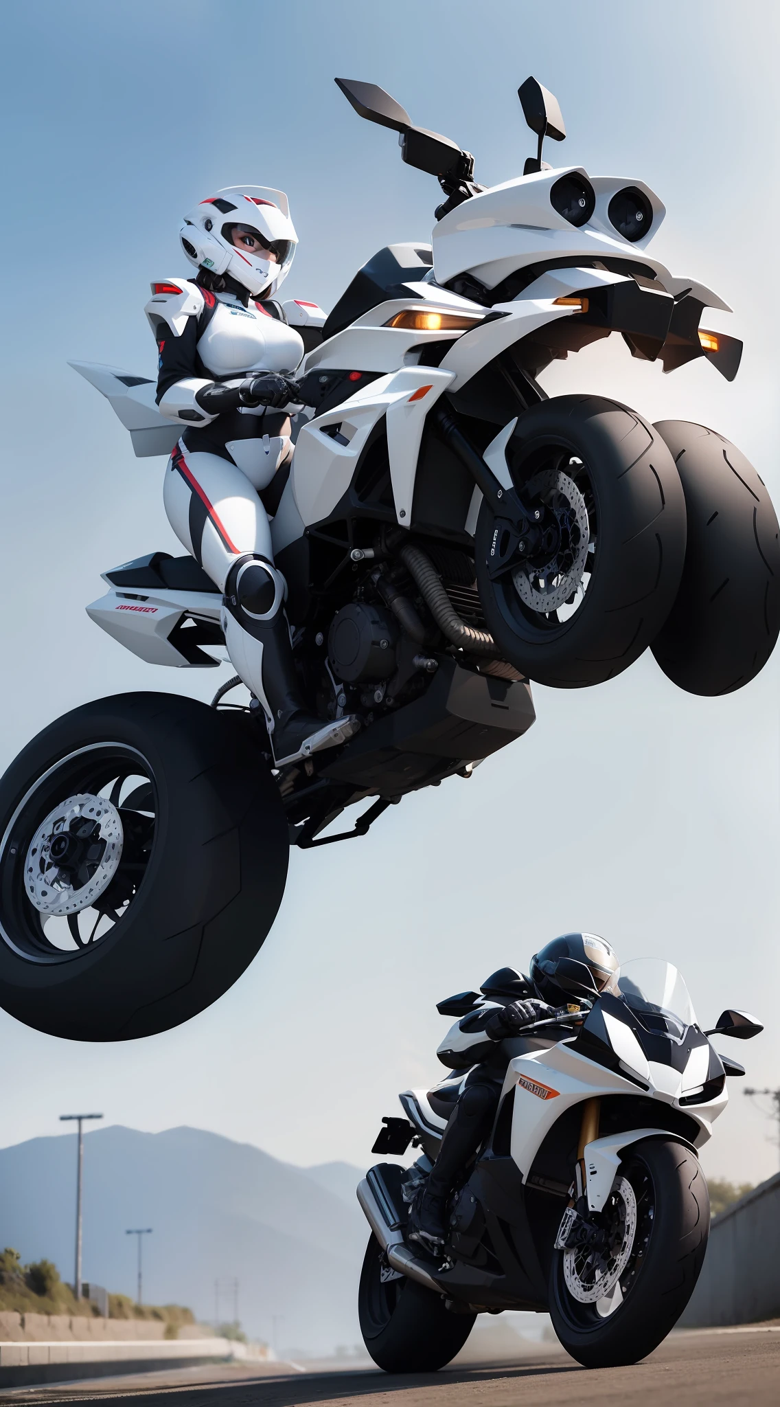 NFSW,high quality picture,8K, high resolution images,white robot motorcycle powered armor,Pretty girl,Ride a sci-fi mechanic robot bike with big tires。action、fight、run
