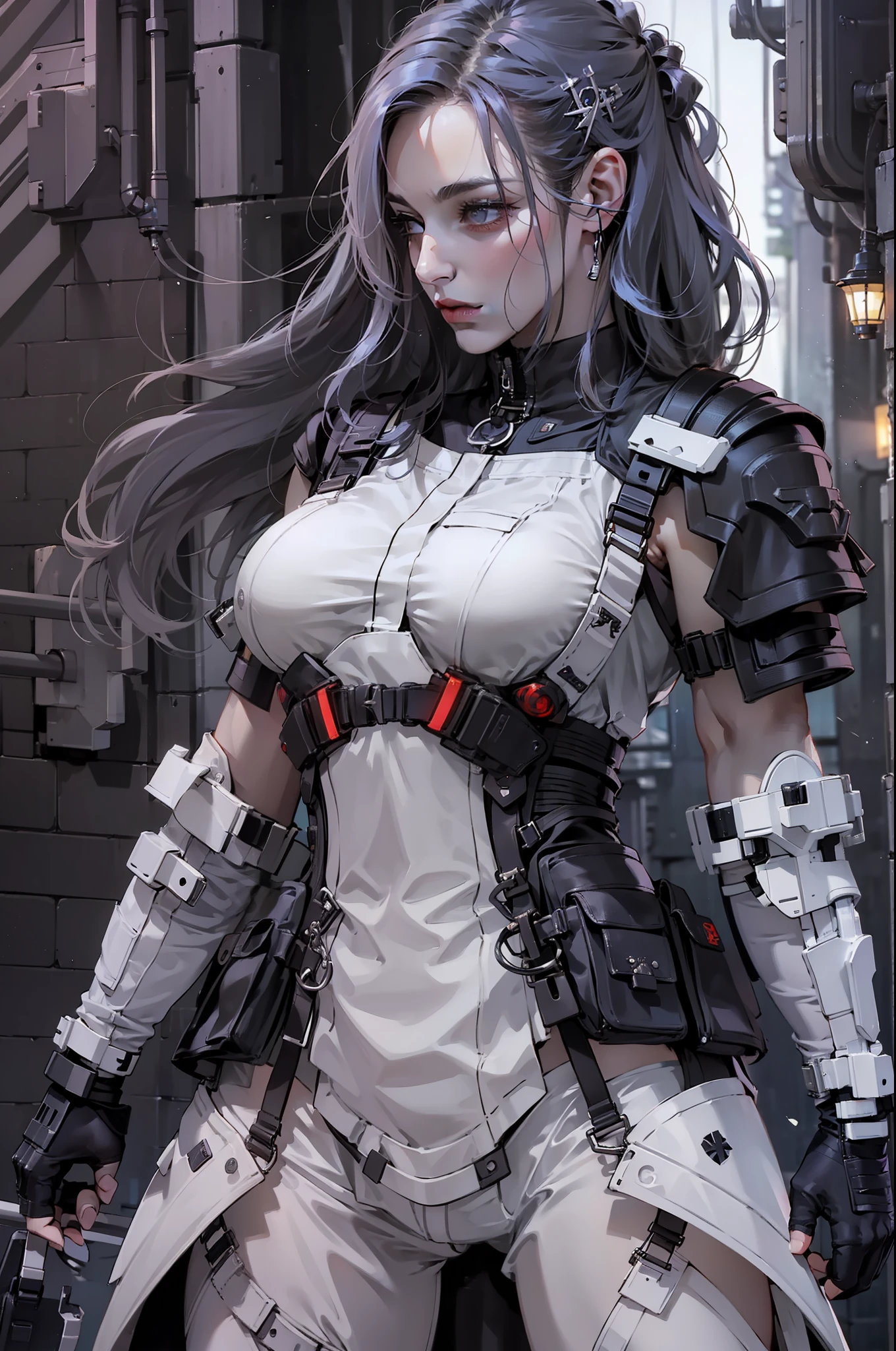 anime - style woman in white and black outfit holding a sword, wearing techwear and armor, photograph of a techwear woman, very beautiful cyberpunk samurai, cyberpunk style outfit, cyberpunk outfit, mystical post apocalyptic cyborg, female cyberpunk anime girl, cyberpunk fashion clothing, cyberpunk fashion clothes, cyberpunk nun warrior, cyberpunk clothes, cyberpunk techwear, cyberpunk assassin, cyberpunk outfits, urbansamurai_v0.3, (photorealistic:1.2), official art, unity 8k wallpaper, ultra detailed, beautiful and aesthetic, masterpiece, best quality, (dynamic angle:1.4), glowing skin, skin details, the most beautiful form of chaos, a brutalist designed, vivid colors, dark theme, depth of field, world absurdly beautifully girl, intricate details of armor pattern, lovely cure beauty, devil smile, skull symbol on shoulder armor, big sword, saint cross necklace, dynamic pose:1.2, medusa (rider) (fate) , kamen rider belt case , a masterpiece， the best quality，High Quality, futurism：1.1), movie lights，(Exquisite future), Beautiful and beautiful，Ultra detailed Great composition，floating,（Very detailed CG，Unity 8k壁纸），(Beautiful detail background），Beautiful hair details， dramatic lights， GOGETTA，Bestquality，ultrahighres，photorealistic