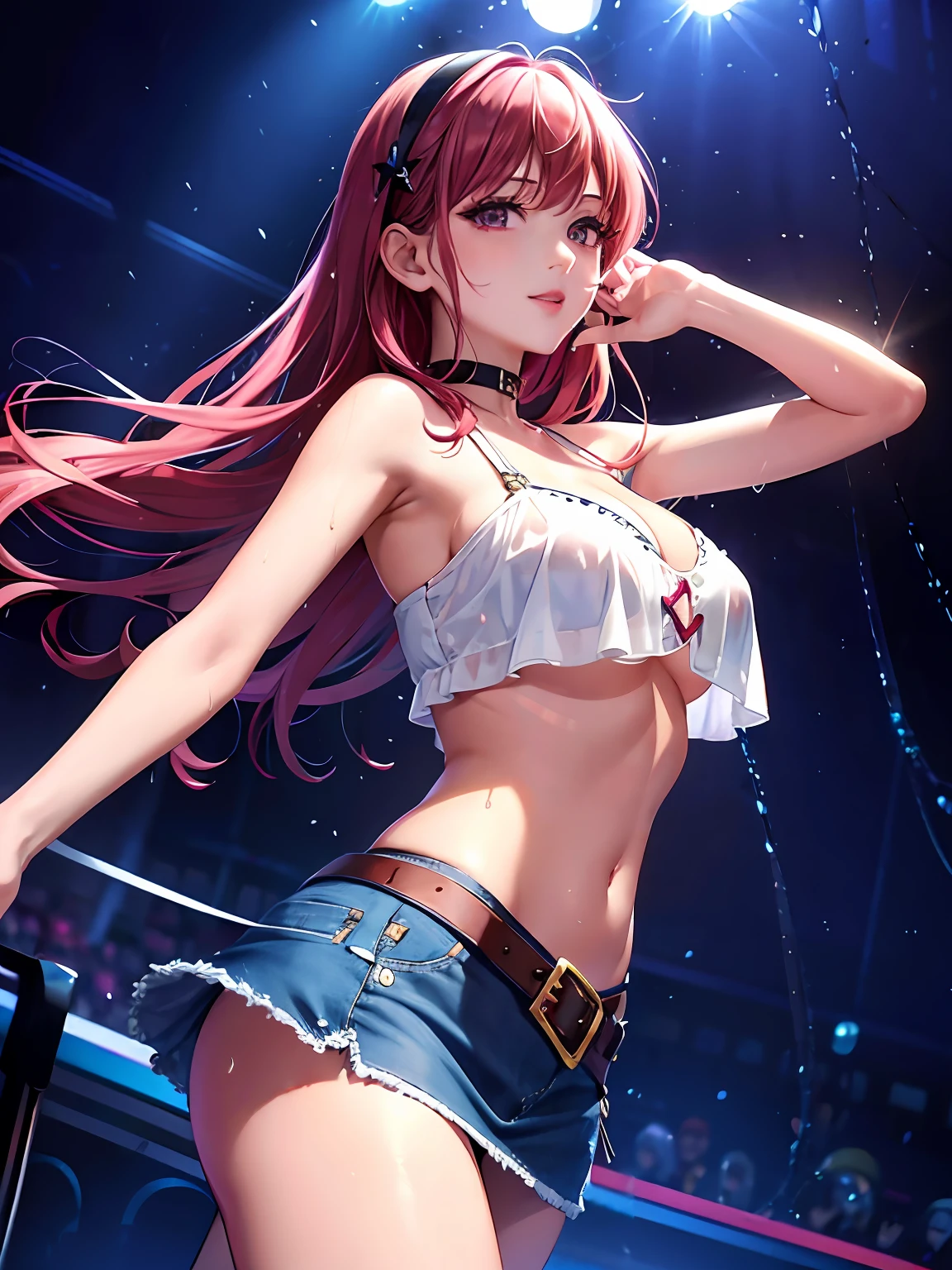 Illustration, cinematic light, high resolution, best quality, ultra detailed, detailed face, (detailed eyes), top quality, super detail, masterpiece, (detailed face), pretty face, best smile, sexy mature woman, (crop top, mini underboob tea, slim waist with navel open, denim skirt with buckle belt: 15) cloth, D cup, cleavage: 2, floating cloth, See-through, choker, open cross, NSFW, high heels, red eyes, neon small glowing hair ends, netted hair, AI fantasy concert, idol, glowing lighting with neon details, dark magic 💕, (Live stage: 1.15) To the audience in the background, stick out the butt and sing: 5, light reflection, heart-shaped iris, playful eyes, open shoulders, rain, ( wet body), small shiny butterflies, hair jewelry, panties, (cute embroidered white string panties)