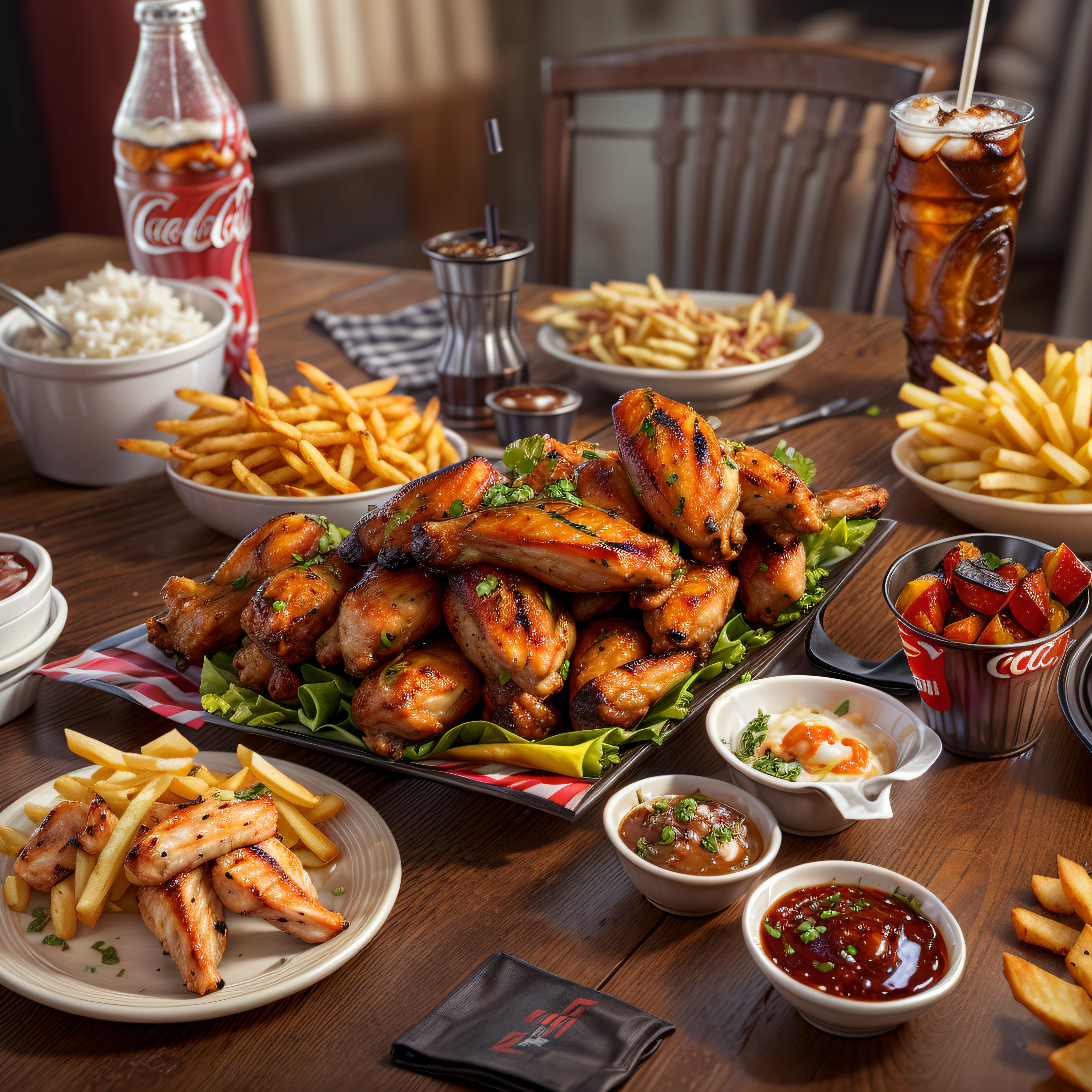 (Full Focus:1.5),(Placed on the dining table, Orleans grilled chicken wings|hamburger|Ice Coke|french fries:1.2), State seasonings, ray tracing, masterpiece, super detail, high details, high quality, best quality, highres
