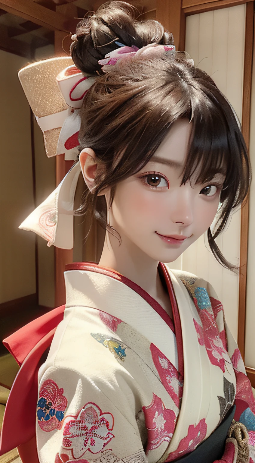 Official art, 统一 8k 壁纸, ultra-detailliert, Beautifully Aesthetic, ​masterpiece, top-quality, (Zentangle, Tangles, Entanglement), (Fractal Art: 1.4), 1girl in, A dark-haired, japanse, bare shoulders​, a short skirt, Calf, ighly detailed, dynamic ungle, cowboy  shot, (The most beautiful forms of chaos), A flowing, (bright colour), nffsw, (half: 1.2), japanese-inspired, (Tanka Flying Sky: 1.5), (bow ribbon: 1.3), (Dreams: 1.5), (A Japanese style: 1.5), Japan Phoenix、(A smile:0.5)、(japanese god)、