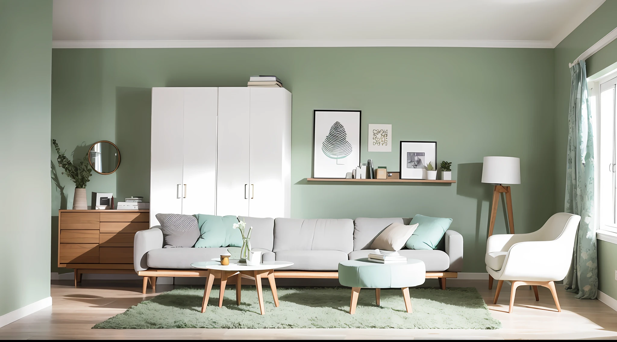 A chic Scandinavian living room with a round wooden dining table surrounded by mint color chairs, creating a harmonious blend of modern and mid-century design elements. A cozy sofa and a stylish cabinet complement the scene, all set against a refreshing green wall backdrop, Canon EOS R6 with 24-70mm f/2.8 lens, natural sunlight, urban lifestyle photography.