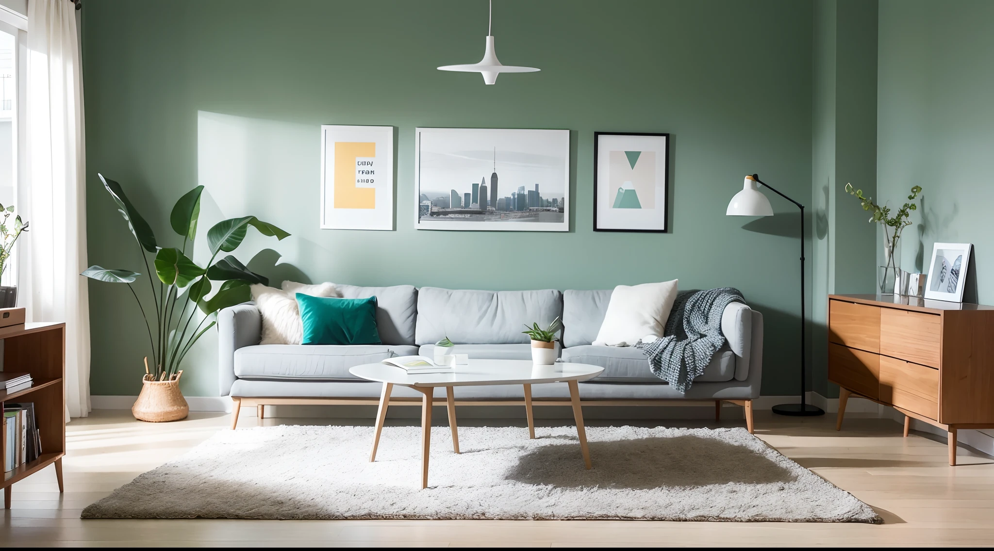 A chic Scandinavian living room with a round wooden dining table surrounded by mint color chairs, creating a harmonious blend of modern and mid-century design elements. A cozy sofa and a stylish cabinet complement the scene, all set against a refreshing green wall backdrop, Canon EOS R6 with 24-70mm f/2.8 lens, natural sunlight, urban lifestyle photography.