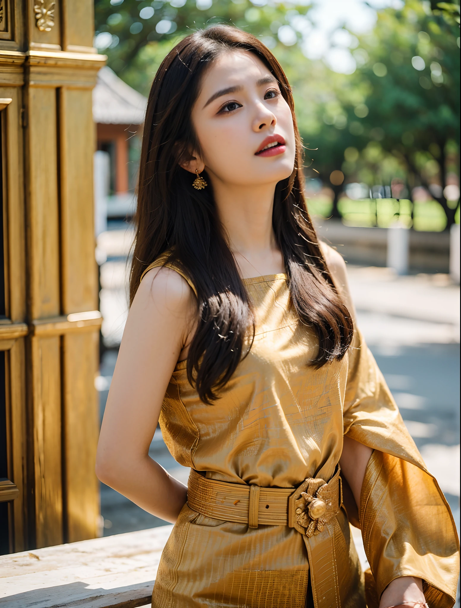 (8k,masterpiece,There's nothing wrong with it., Realistic :1.3), best quality, portrait , Realistic, face focus, 1 woman, brown long hair, Traditional Thai costume , ( comfortable:1.2), temple background, (breeze:1.2),(sun lighting:1.2)