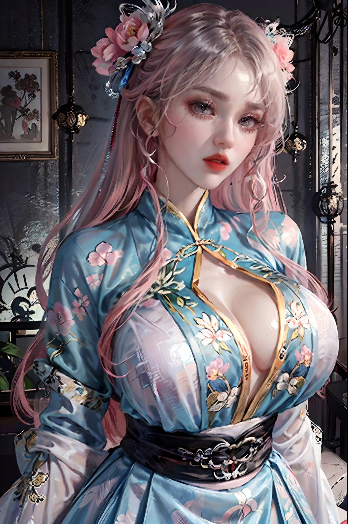 (masterpiece), best quality, highres, (hyperrealistic), 8k, Detailed Illustration, intricate detail,
looking at viewer,(make up),(slender body:1.5),(Gigantic Breasts:1.6),gyaru,young,(huge ass),(underbust:1.4),(tight),(Full body),
1girl,
(hanfu),(floral print),(pink shirt),(pink long skirt),(long sleeves),