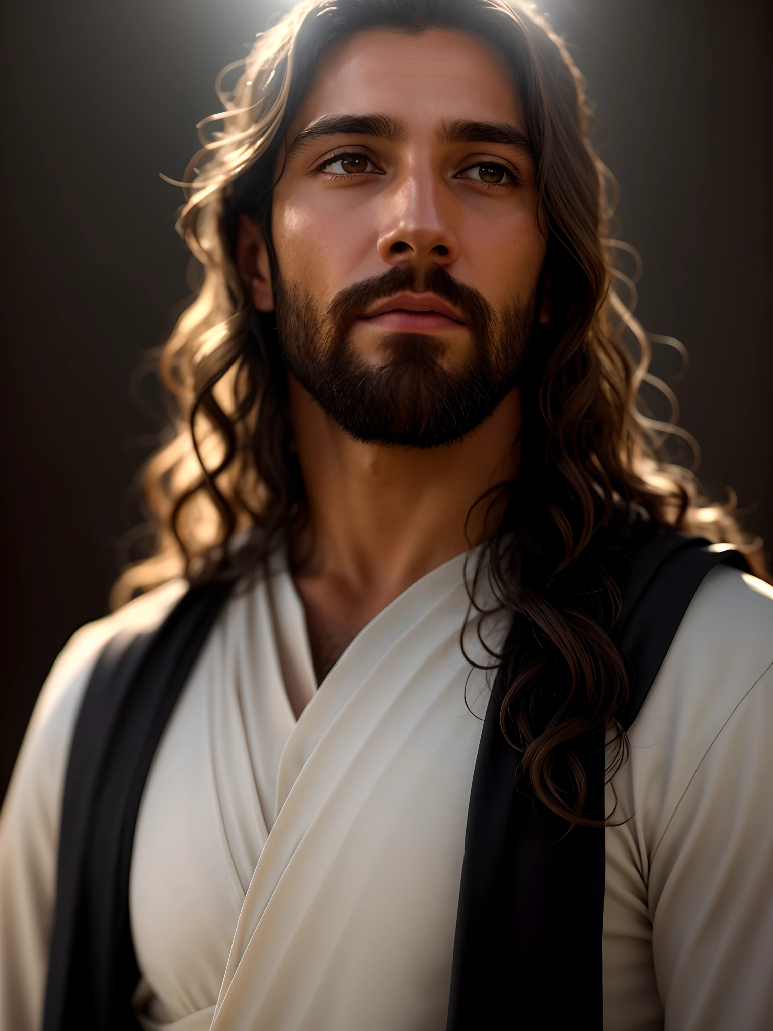 add_detail:1, realistic image of Jesus Christ, add_detail:light and distant light from heaven above the head
