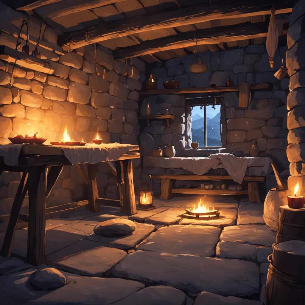 Low light, candle-lit interior, stone age hut, rustic atmosphere, dimly lit, stone walls, hay construction, mysterious ambiance, disorienting mood, waking up feeling, protagonist's perspective, slowly sitting up in bed, looking around, primitive interior, scattered candles, soft illumination, ancient dwelling, enigmatic surroundings, faint flickering light.