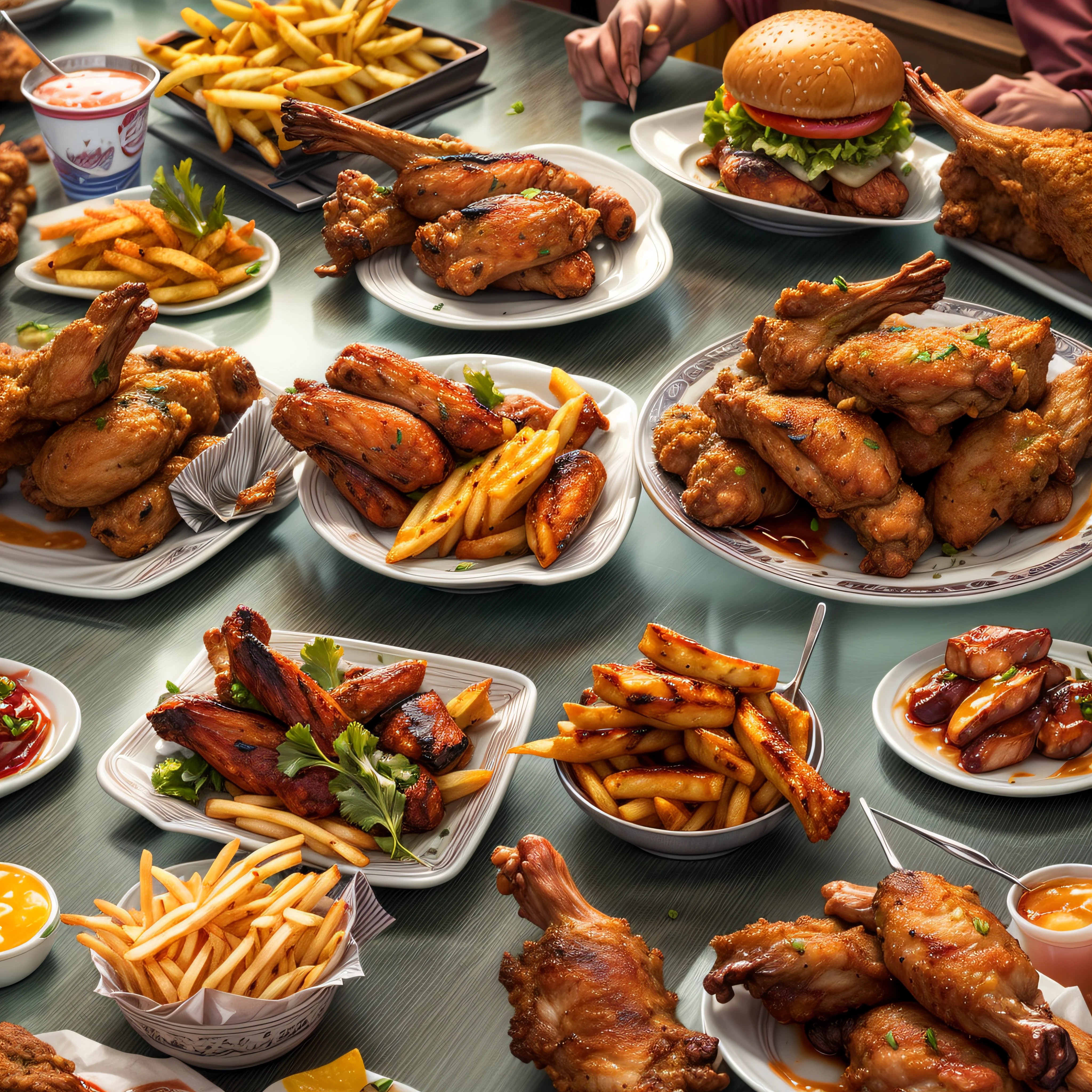 (Full Focus:1.5),(Placed on the dining table, Orleans grilled chicken wings|hamburger|lewd juice|french fries|Fried chicken:1.2), ray tracing, masterpiece, super detail, high details, high quality, best quality, highres