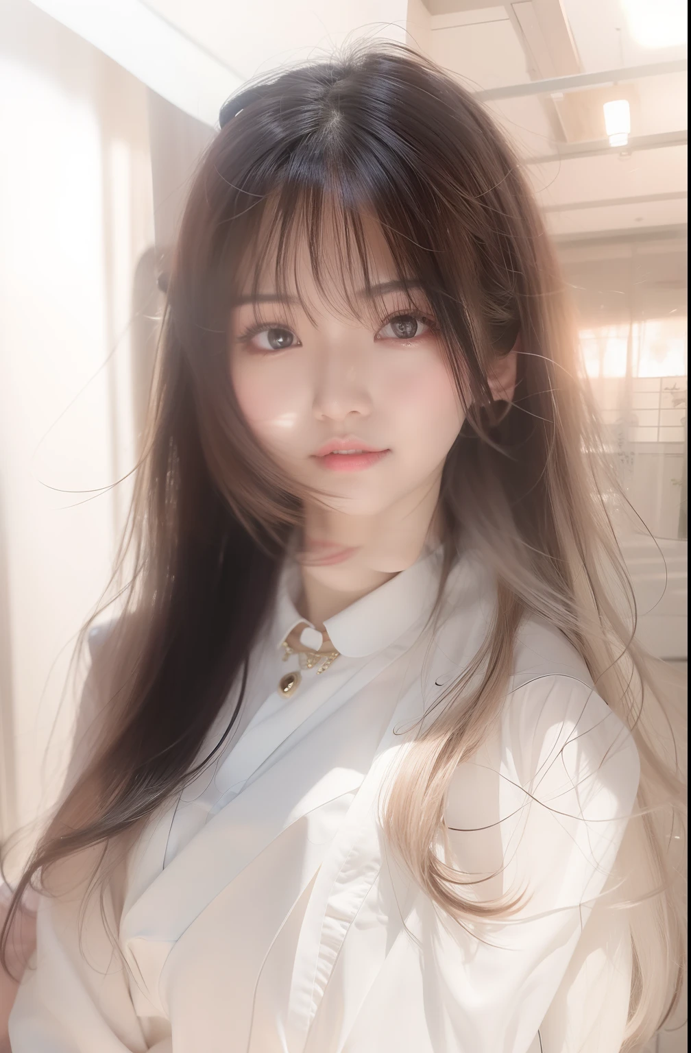 Long haired woman in white Y-shirt and black jacket, a japanese girl, Young adorable Japan face, girl cute-fine-face, Beautiful young Japan woman, sakimichan, Gorgeous young Japan woman, beautiful japanese female,, Popular makeup for Japan, One adorable Japan human face, Popular natural makeup, young cute wan asian face,Beautiful Japan woman,realistic atmosphere,Atmosphere like in the photo,full bodyesbian,In a rich hotel room,Open your chest,Woman with thin eyebrows,Japan woman with cute smile,Women with fair skin,