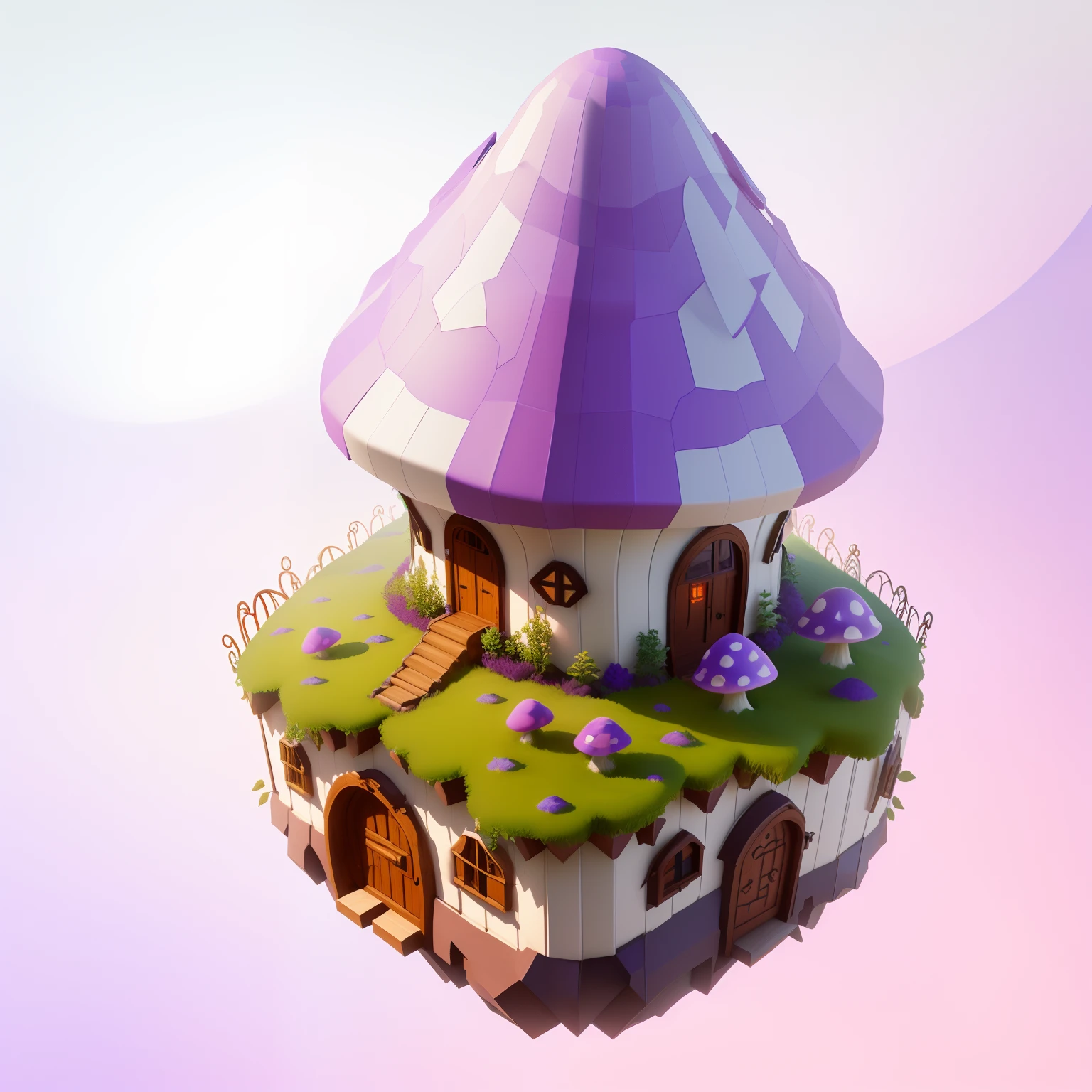 Purple and green Araffard house，Lovely mushroom house，Stylized 3D rendering，super detailed color lowpoly art，Stylized PBR material，Fantasy 3D rendered scenes。