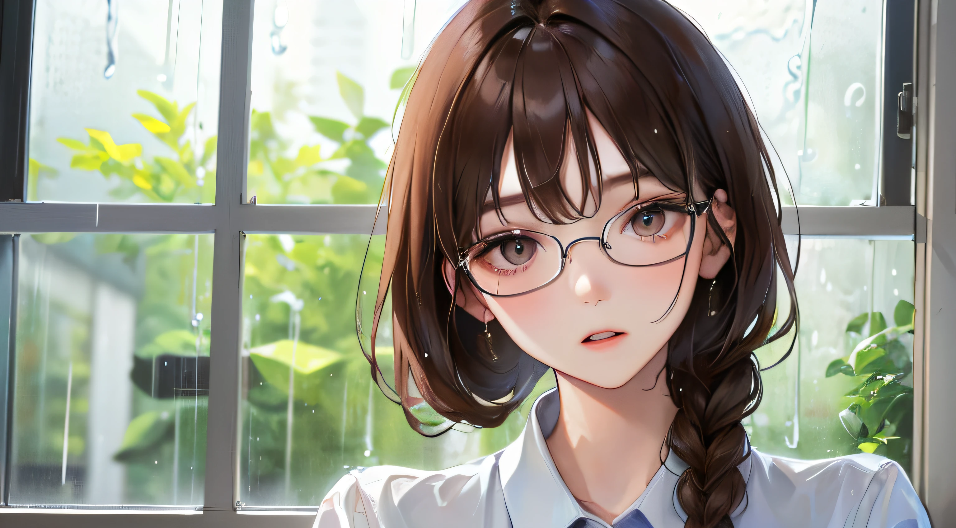 (((1人の女性)))、(Top resolution、Distinct_image) best qualtiy、(((Rain outside the window)))、((Looking out the window))、((early evening))、lecture、masterpiece、ighly detailed、Semi-realistic、Brown hair、eye glass、Braided hairstyle、deadpan、bangss、21 years old、Mature、年轻、white shirt、delicated facial features、Facial features、mid-shot、