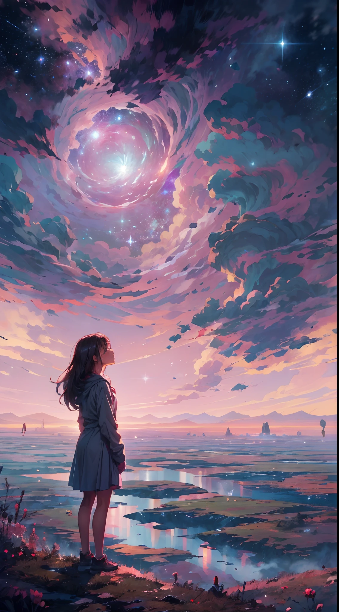 Step into a world of wonder and ethereal beauty, where reality and dreams intertwine. Visualize an awe-inspiring scene - a breathtaking view of a sea of stars, shimmering brilliantly above a blanket of fluffy clouds. In the foreground, a young girl stands on a cloud, her silhouette poised against the celestial panorama.
BREAK 
Describe the girl's stance as she gazes up at the vast expanse of twinkling stars, capturing her sense of awe and reverence. Explore the emotions evoked by the scene - a mix of wonder, curiosity, and a deep connection to the vastness of the universe. Consider the significance of this moment for the girl - is she contemplating her place in the cosmos, seeking solace or inspiration, or perhaps embarking on a celestial journey of her own?
BREAK 
Craft a brief narrative or evoke a sense of atmosphere, using evocative language to emphasize the surreal and otherworldly nature of the scene. Explore the interplay between the tangible and the intangible - the solid cloud beneath her feet contrasting with the infinite expanse of stars above. Consider incorporating sensory details such as the soft touch of the cloud, the sound of distant celestial music, or the faint scent of stardust in the air.