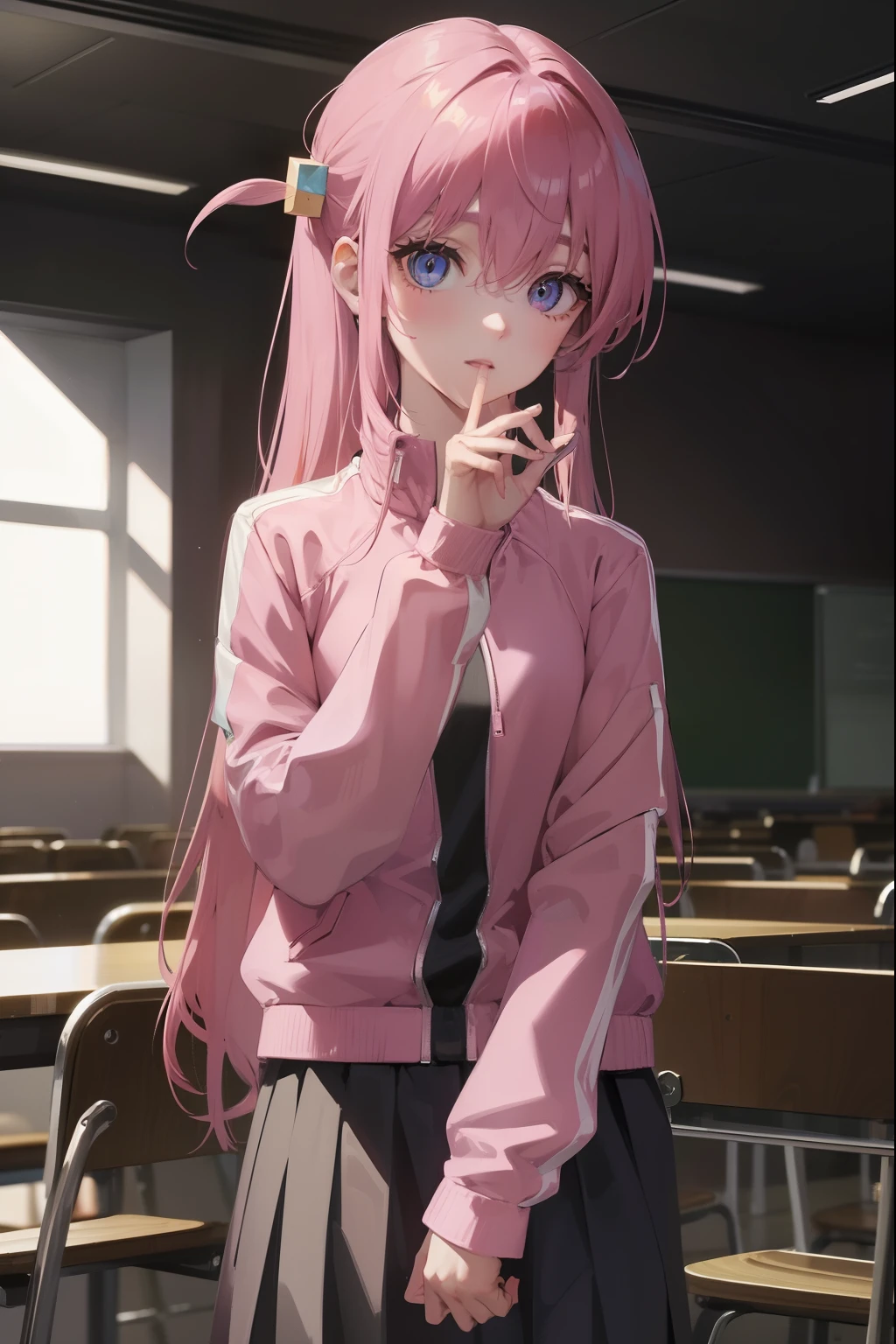 hitorigotou, hitori gotou, blue eyes, cube hair ornament, hair between eyes, hair ornament, pink hair, one side up, long hair,
BREAK black skirt, jacket, long sleeves, pants, pants under skirt, (pink jacket:1.5), pink pants, pleated skirt, skirt, track jacket, track pants, track suit,
BREAK looking at viewer,
BREAK indoors, classroom,
BREAK (masterpiece:1.2), best quality, high resolution, unity 8k wallpaper, (illustration:0.8), (beautiful detailed eyes:1.6), extremely detailed face, perfect lighting, extremely detailed CG, (perfect hands, perfect ???????),