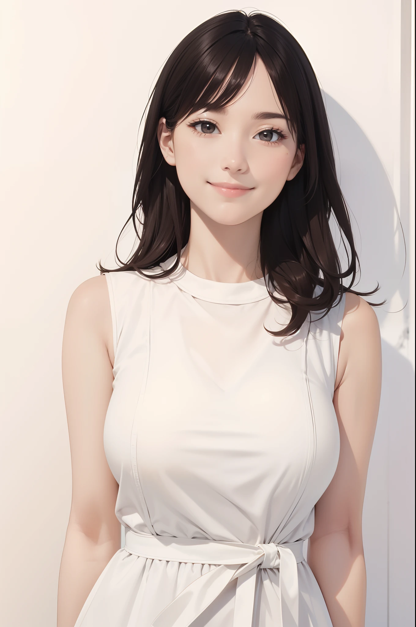 (absurderes), hight resolution, ultra-detailliert, Beautiful face, Big Breast, Huge breast, Wearing a white summer dress, (Sleeveless), Smile Face, Staring at me, Break a simple background, (Flat color), from below, upper body, sitting