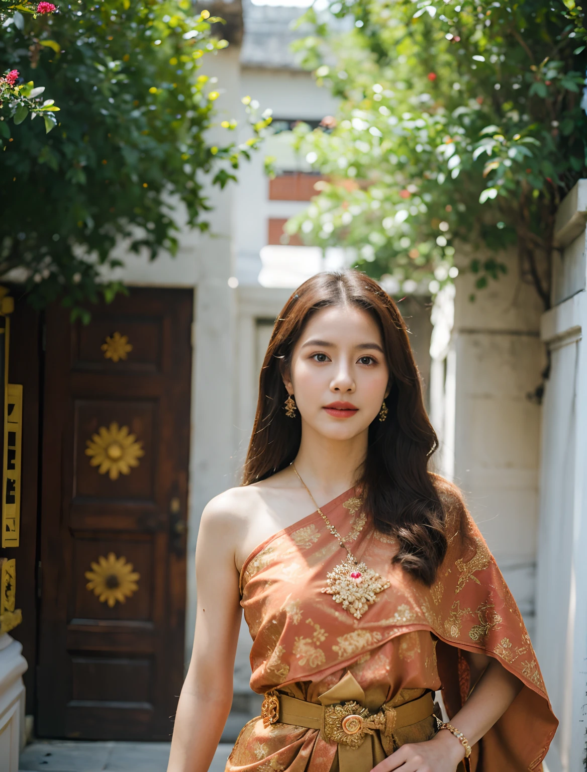 (8k,masterpiece,hi ultra res, realistic :1.3), best quality, portrait , realistic, focus face, 1  woman, brown long hair, thai traditional dress , ( red sabai:1.2), temple background, (breeze:1.2),(sun lighting:1.2)