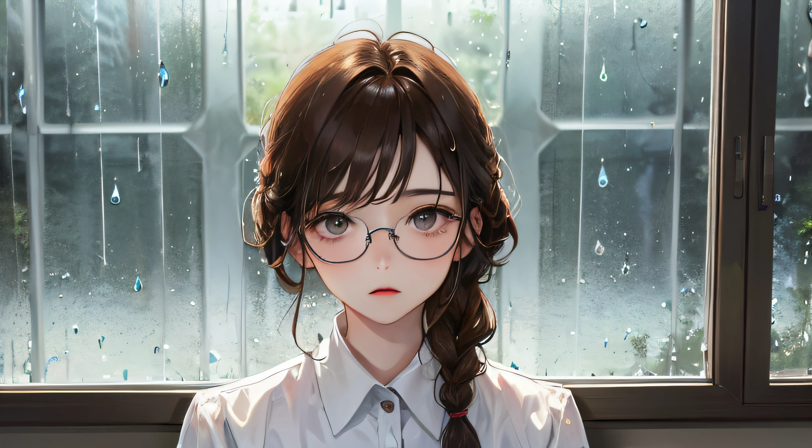 (((1人の女性)))、(Top resolution、Distinct_image) best qualtiy、(((Rain outside the window)))、((sideways Facing))、masterpiece、ighly detailed、Semi-realistic、Brown hair、eye glass、Braided hairstyle、deadpan、bangss、21 years old、Mature、年轻、white shirt、delicated facial features、Facial features、mid-shot、
